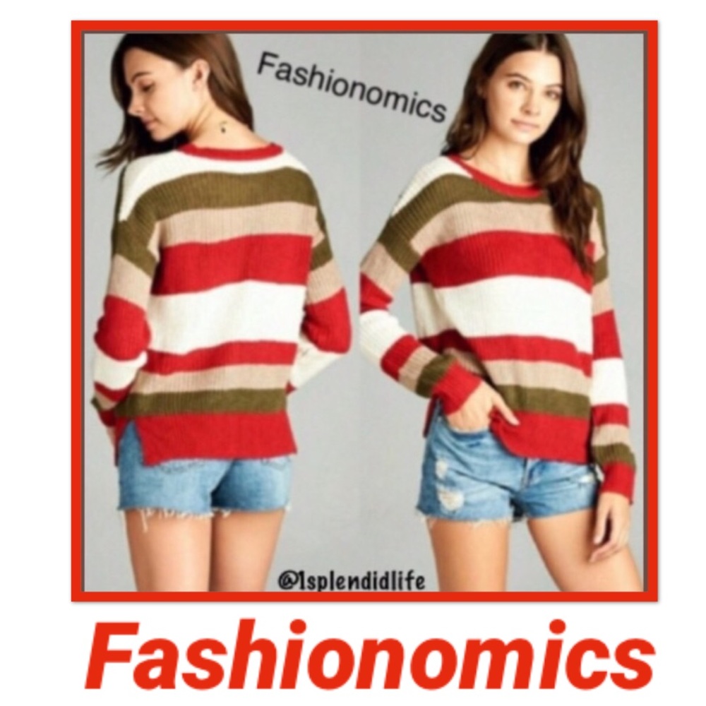 🎈Sold🎈Bright Red & Olive Stripe Cozy Side Slit Sweater (S)